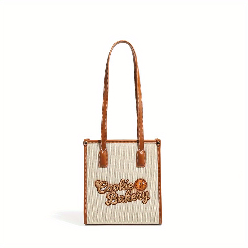 Cookie Embroidery Canvas Handbag, Small Square Shoulder Bag, Cute Underarm Purse For Women