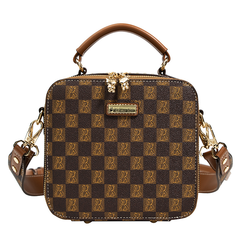 Checkered Patter Square Box Bag, Fashion Patch Decor Shoulder Bag, Women's Top Handle Purse (7.48*7.09*3.94) Inch