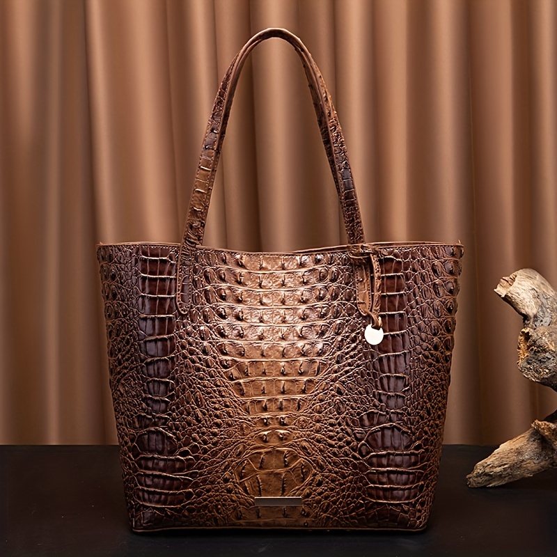 2Pcs Crocodile Pattern Tote Bag, Fashion Leather Shoulder Bag, Women's Handbag With Clutch Purse