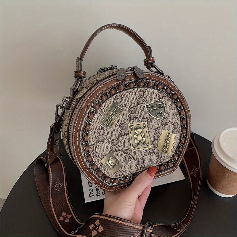 Badge Decor Round Shoulder Bag, Women's Rhombus Pattern Crossbody Purse, Fashion Zipper Handbag