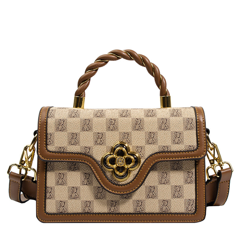 Plaid Pattern Square Shoulder Bag, Women's Top Handle Flap Purse, Floral Decor Crossbody Bag (8.27*5.91*3.15) Inch