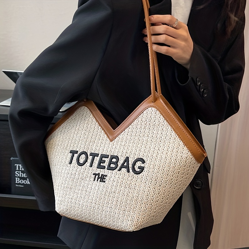 Trendy Woven Tote Bag, Letter Graphic Straw Tote Bag, Shoulder Bag, Shopping Beach Toto Bag