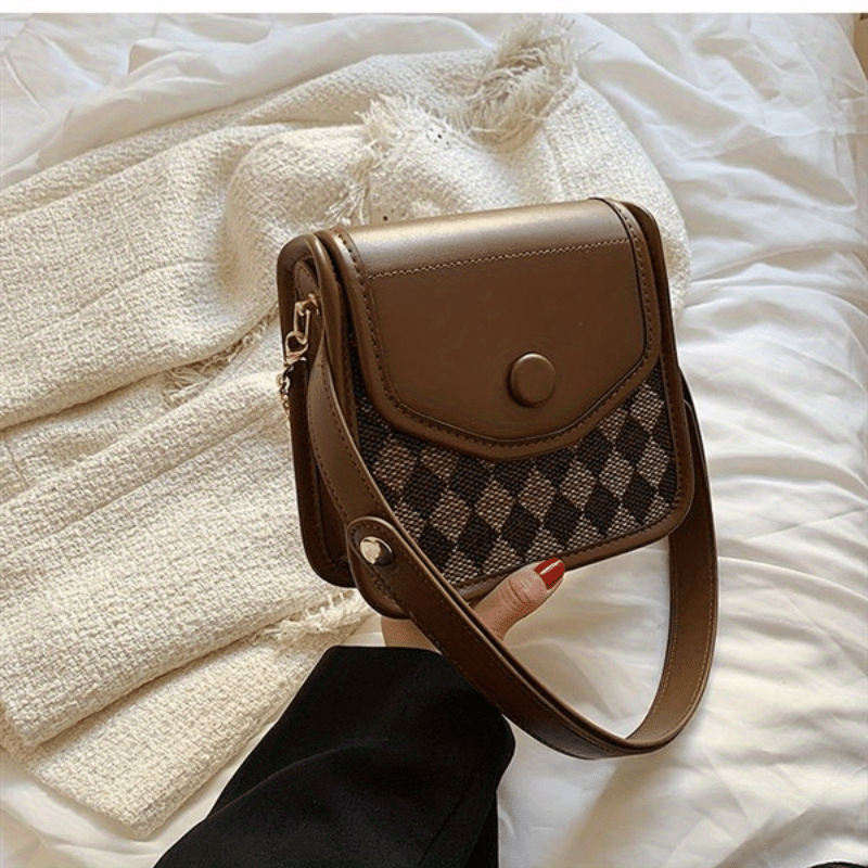 Mini Argyle Pattern Shoulder Bag, Fashion Flap Square Purse, Women's PU Leather Crossbody Bag (7.4*7*2.3) Inch