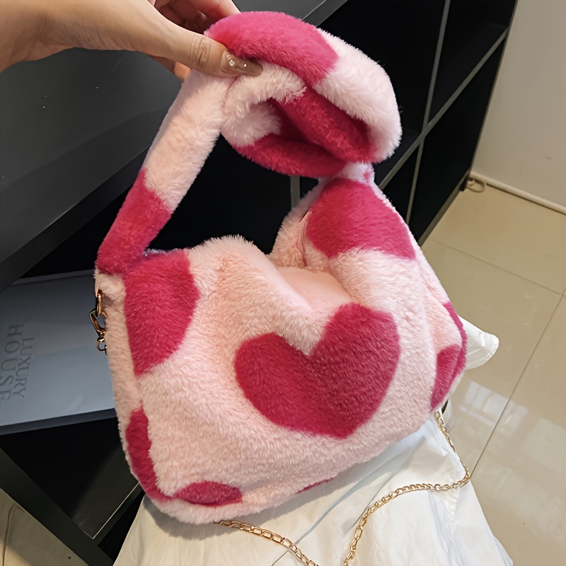 Heart Graphic Shoulder Bag, Trendy Fluffy Handbag Women's Cute Chain Shoulder Bag For Fall & Winter