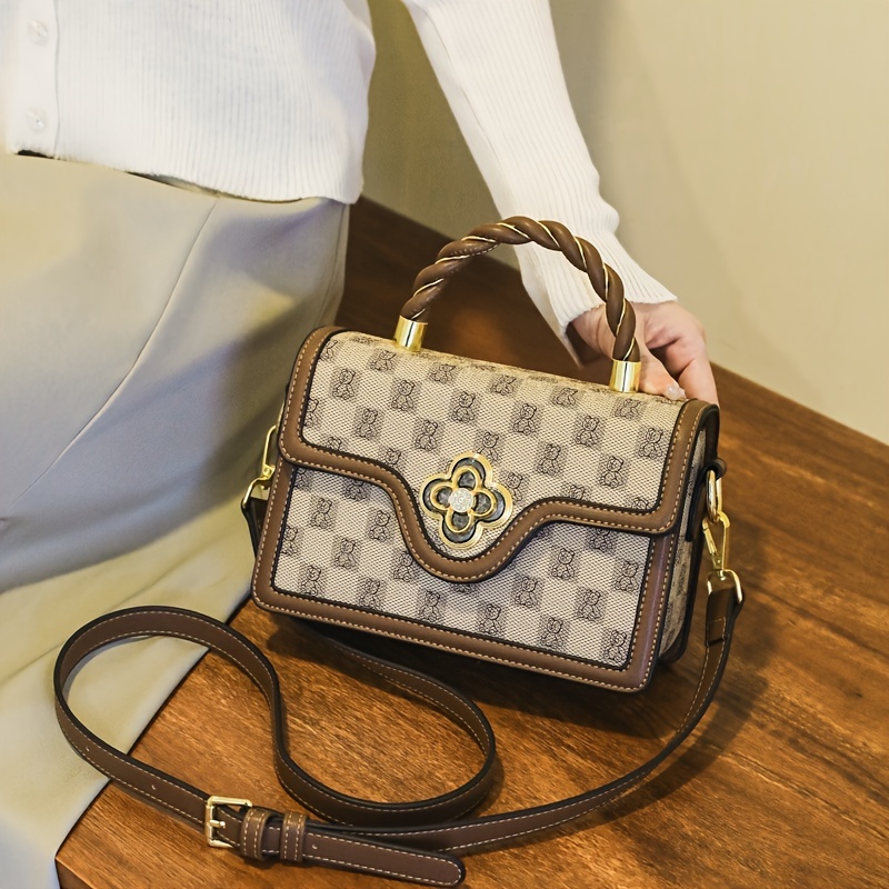 Plaid Pattern Square Shoulder Bag, Women's Top Handle Flap Purse, Floral Decor Crossbody Bag (8.27*5.91*3.15) Inch