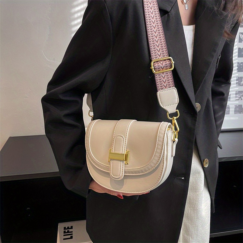 Vintage Saddle Bag, Wide Strap Crossbody Bag, Small Buckle Decor Flap Purse For Women