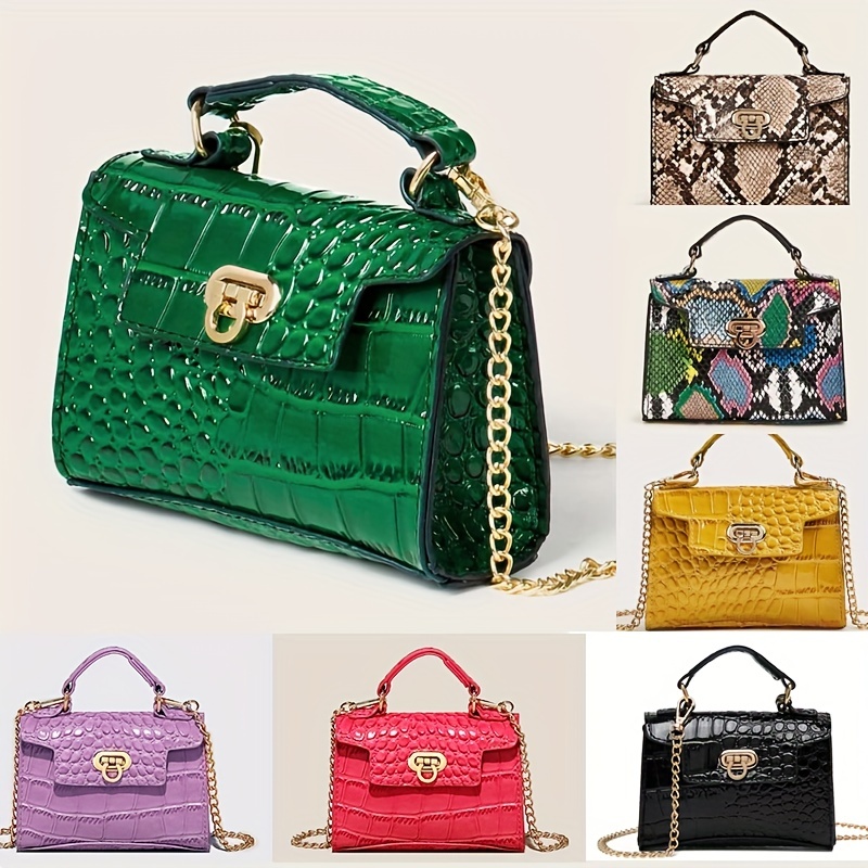 Croc Embossed Shoulder Bag, Solid Color Crossbody Bag With Chain Strap, Women's Buckle Decor Top Handle Purse