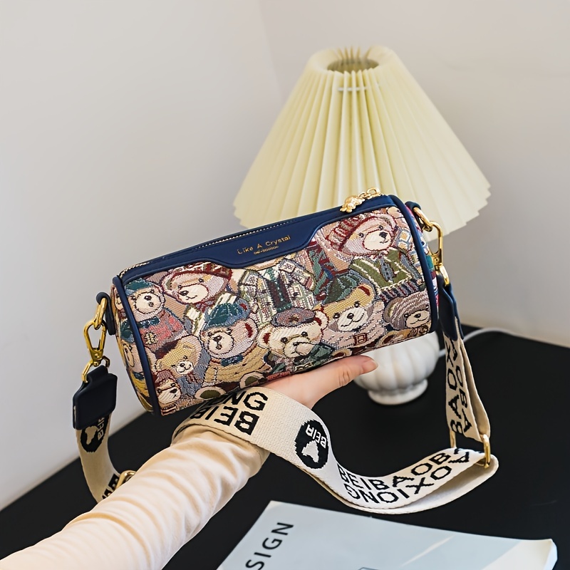 Bear Pattern Boston Bag, Fashion Faux Leather Crossbody Bag, Women's Small Cylinder Purse