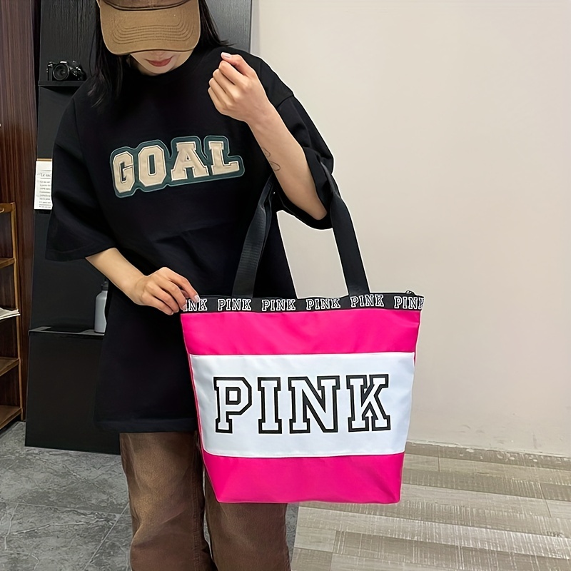 Beach Tote Bags For Women, Pink Colorblock Shoulder Bag, Casual Travel Luggage Bag