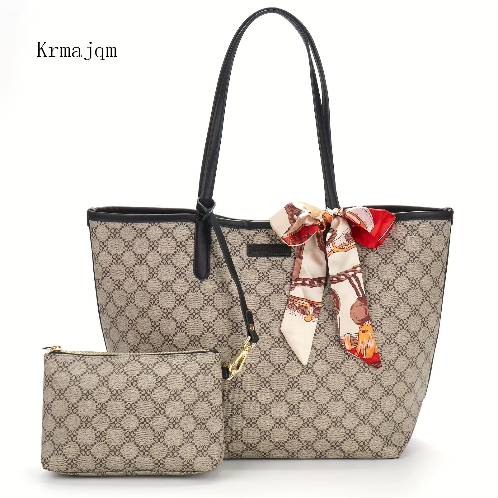 2Pcs Women's Printed Tote Bag Set, Fashion Scarf Decor Shoulder Bag With Clutch Purse