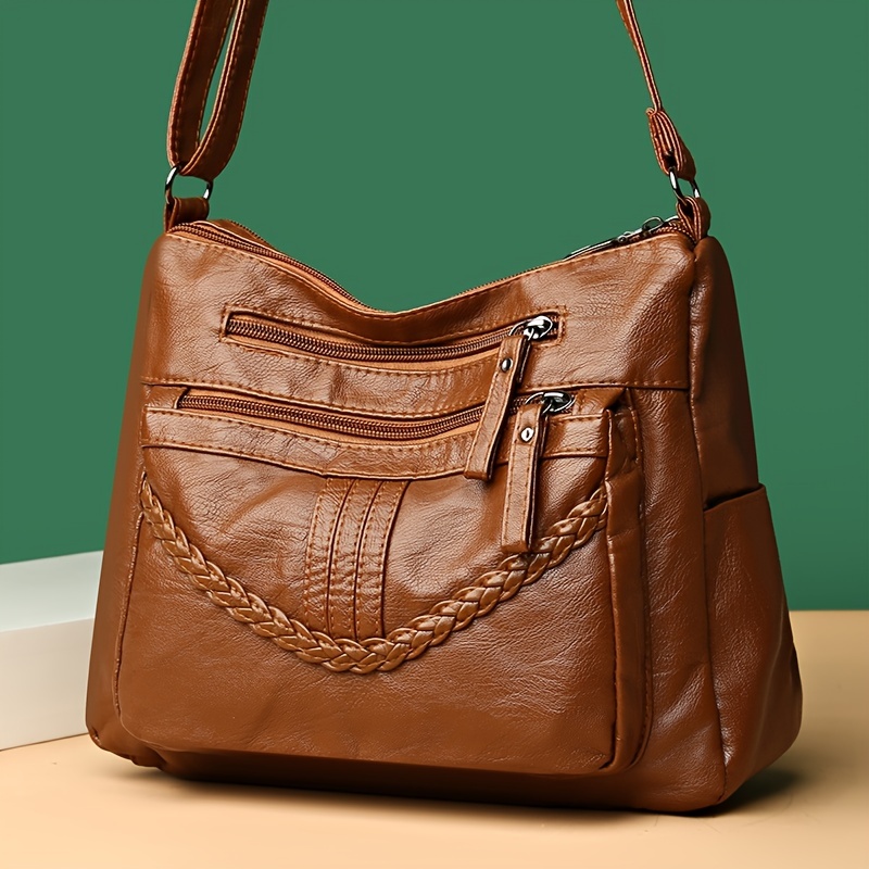 Braided Decor Multi Zipper Shoulder Bag, Solid Color Crossbody Bag With Adjustable Strap For Women