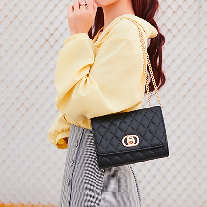 Argyle Quilted Chain Shoulder Bag, Faux Leather Crossbody Bag, Women's Small Flap Square Purse