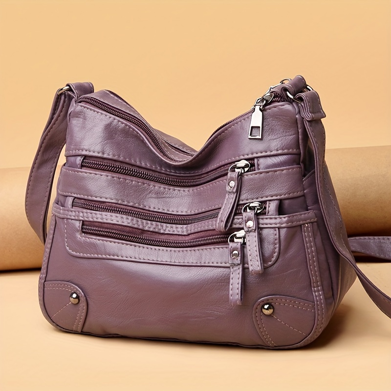 Middle Aged Faux Leather Shoulder Bag, Multi Zipper Crossbody Bag, Casual Solid Color Women's Purses