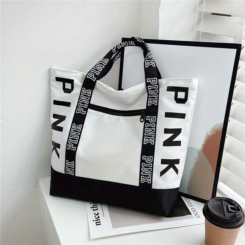 Letter Graphic Tote Bag, Waterproof Nylon Handbag, Large Capacity Shopping Bag