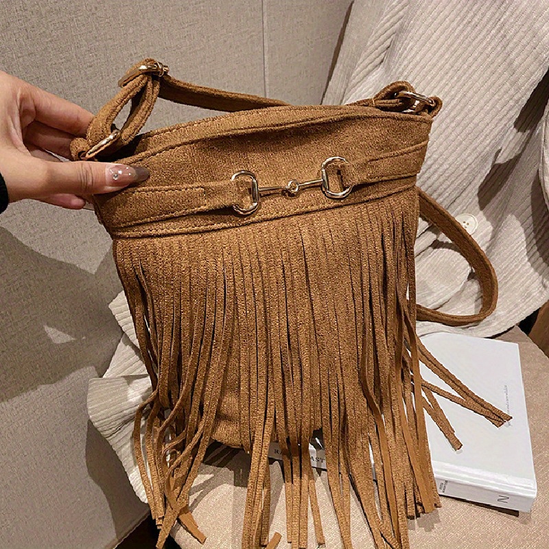Vintage Tassel Crossbody Bag, Women's Suede Bucket Bag, Solid Color Purses For Everyday
