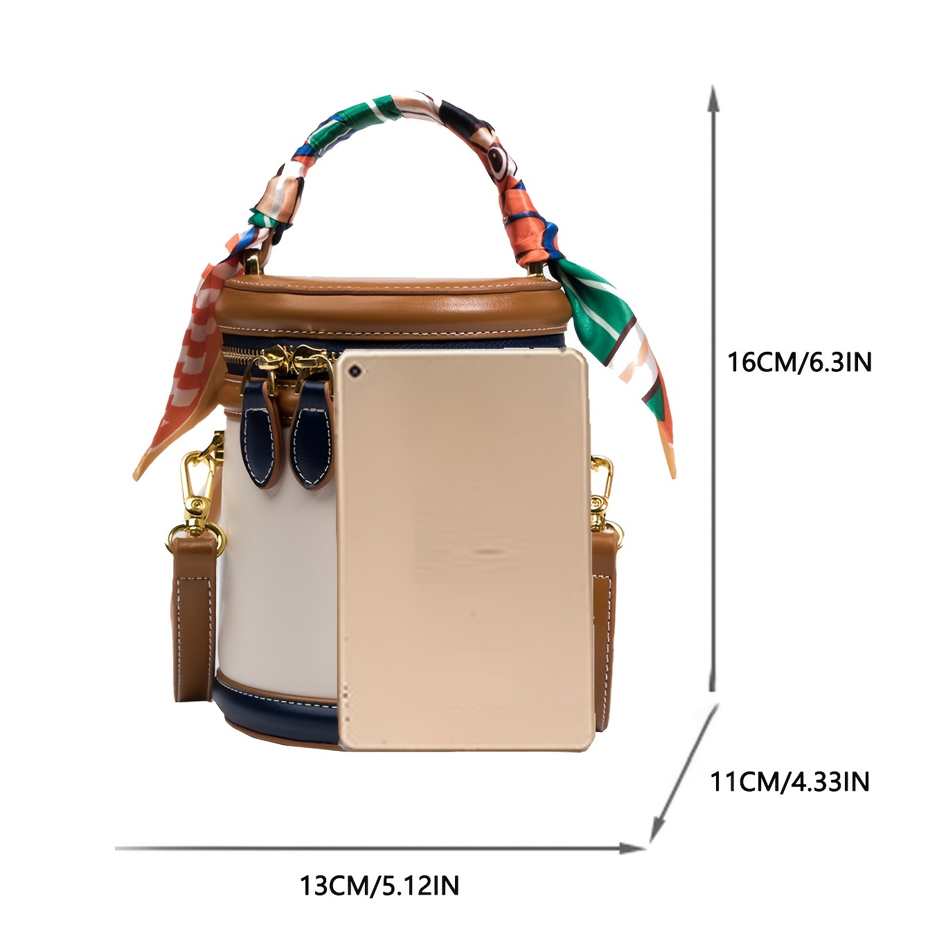 Colorblock Shoulder Cylinder Bucket Bag, Scarf Decor Top Handle Bag, Stylish Crossbody Purse For Women