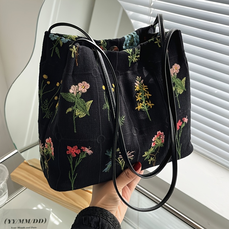 Floral Embroidery Shoulder Bag, Women's Canvas Bucket Bag, Casual Daily Handbag