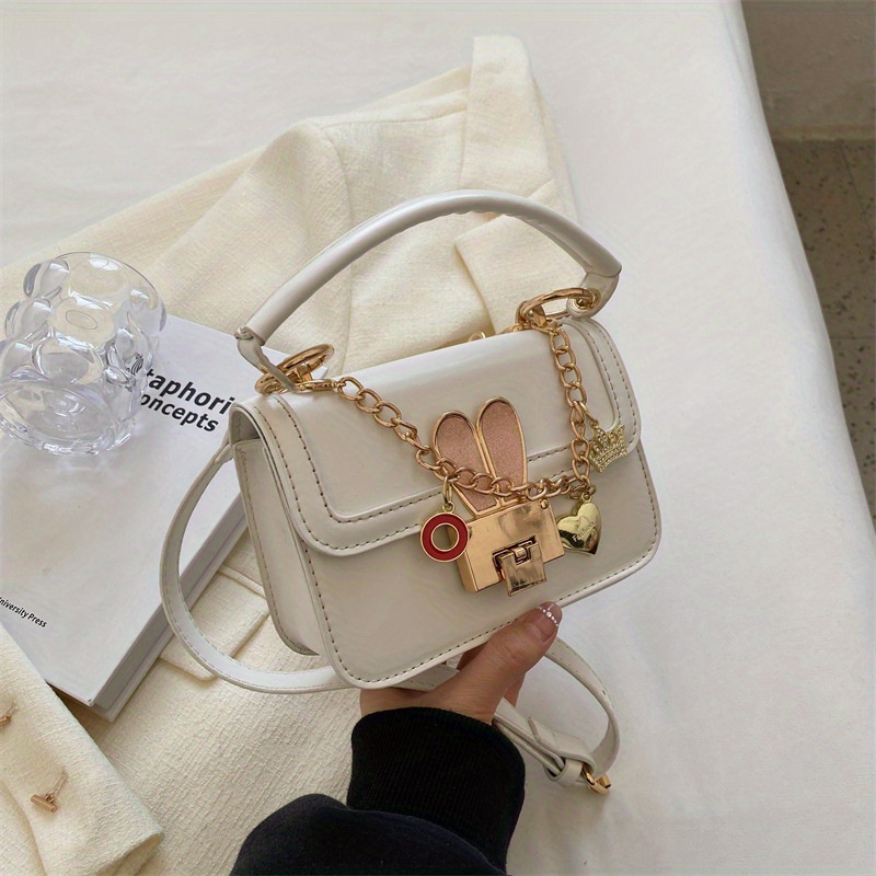 Kawaii Metal Bunny Decor Shoulder Bag, Trendy Square Crossbody Bag, All-Match Chain Bag