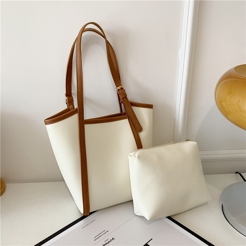 Large Capacity Contrast Binding Tote Bag With Inner Pouch, Fashion Shoulder Bag