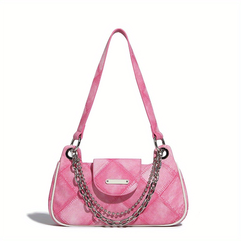 Fashion Argyle Pattern Shoulder Bag, Vintage Chain Baguette Bag, Women's Square Underarm Purse