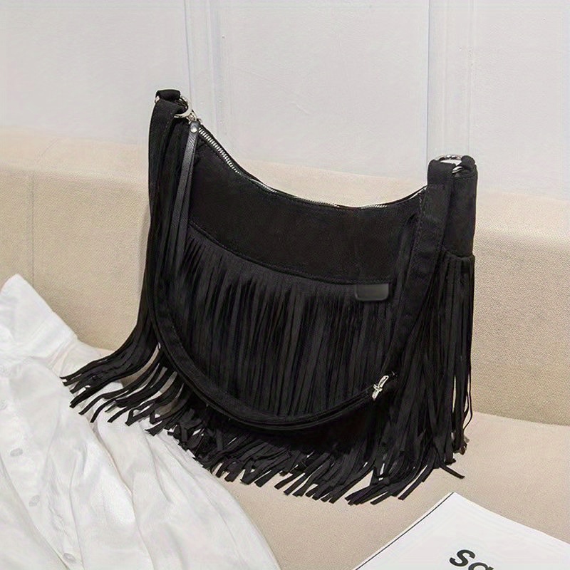 Ladies Fashion All-match Shoulder Bag, Suede Punk Tassel Decor Messenger Bag
