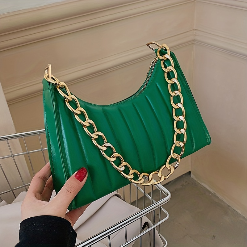Striped Shoulder Bag, Vintage Chain Baguette Bag, Women's PU Leather Underarm Purse
