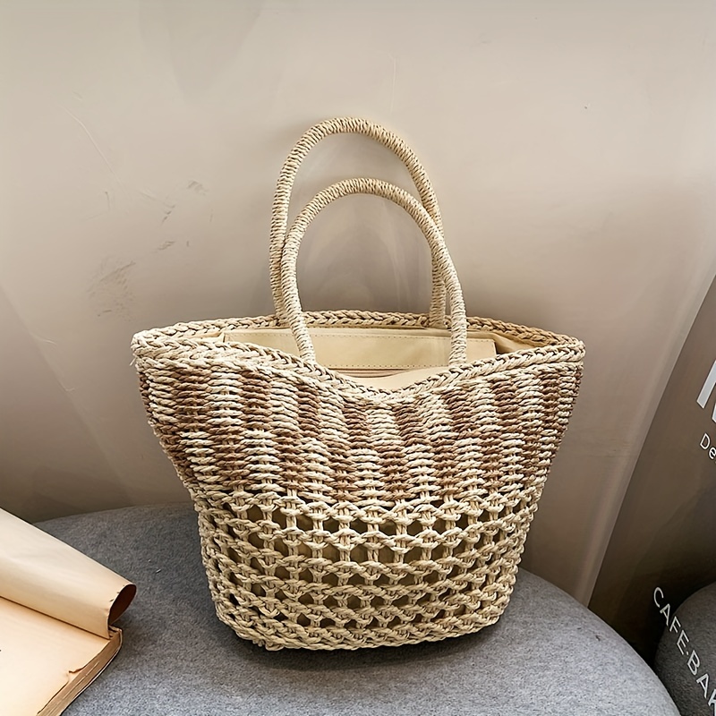Colorblock Straw Tote Satchel Bag, Lightweight Simple Handbag, Versatile Travel Beach Bag