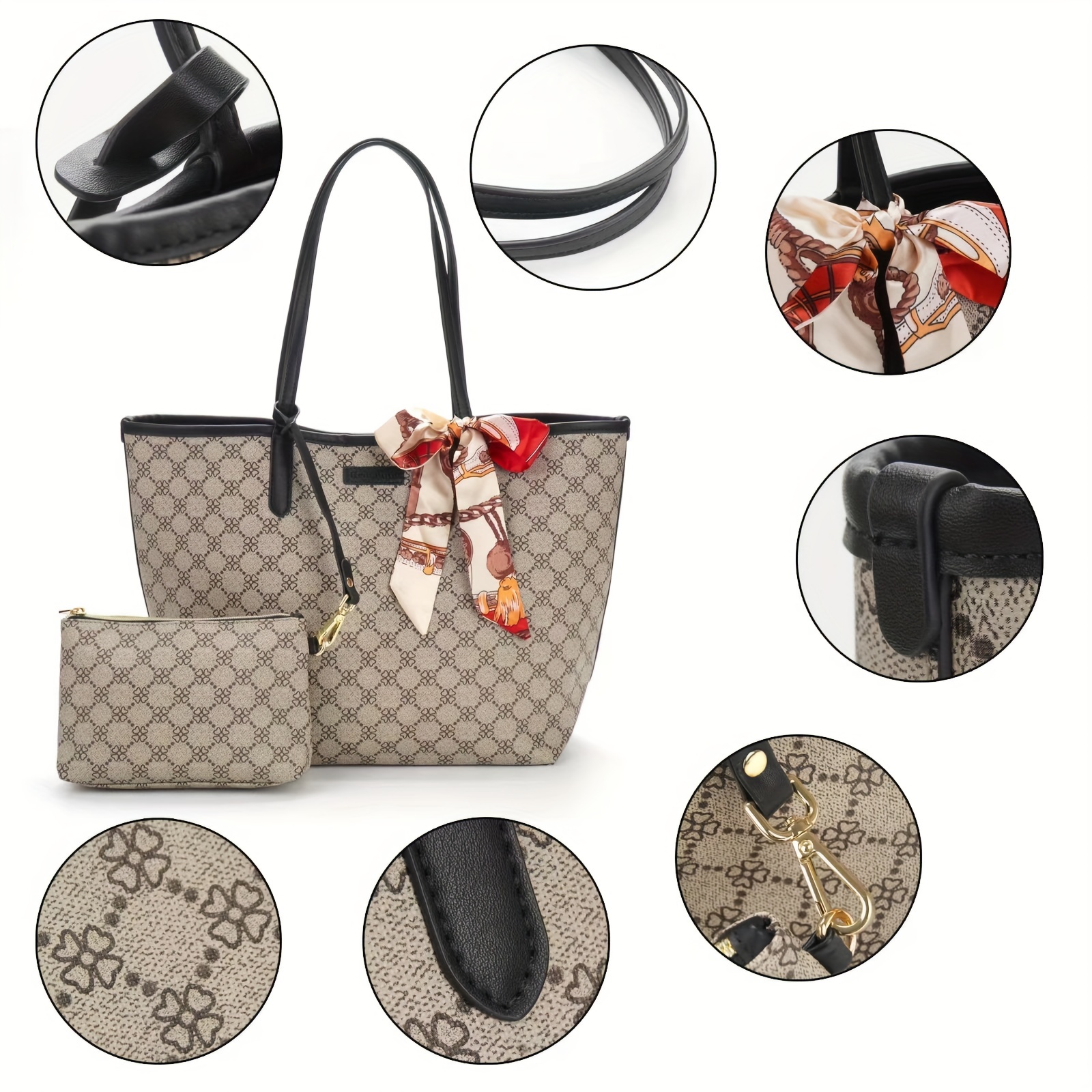 2Pcs Women's Printed Tote Bag Set, Fashion Scarf Decor Shoulder Bag With Clutch Purse