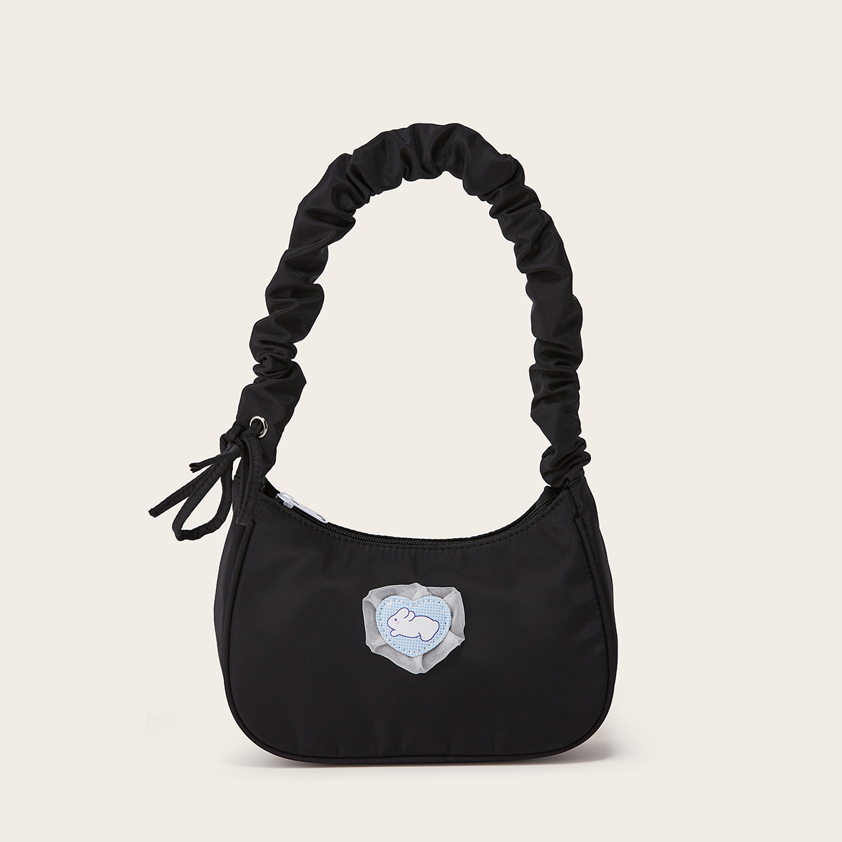 Kawaii Ruched Baguette Bag, Love Bunny Decor Shoulder Bag, Women's Canvas Zipper Purse