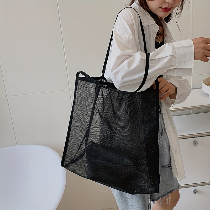 Large Capacity Mesh Beach Bag, Foldable Travel Storage Bag, Portable Shoulder Bag With Inner Pouch