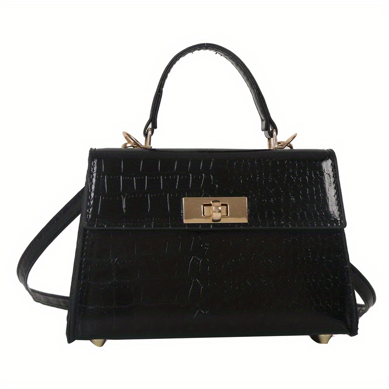 Metallic Crocodile Embossed Handbbag, Turn Lock Crossbody Bag, Women's PU Leather Flap Purse