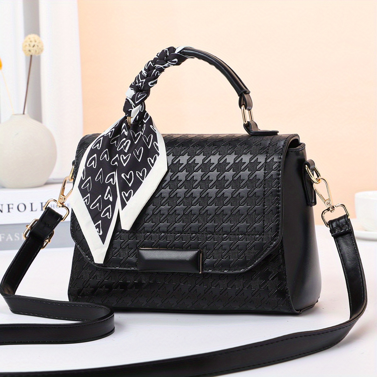 Houndstooth Pattern Messenger Bag, Scarf Design PU Leather Crossbody Bag, Versatile Commuter Handbag