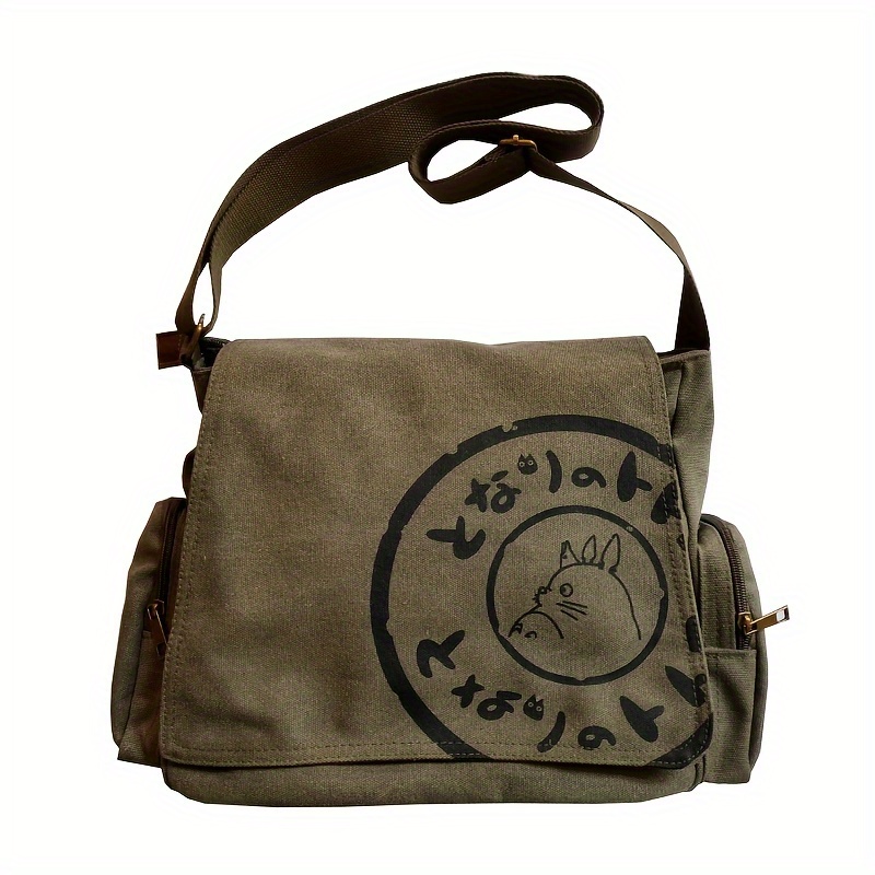 Vintage Canvas Messenger Bag, Cute Cartoon Print Crossbody Bag, Flap Shoulder Bag For School & Travel