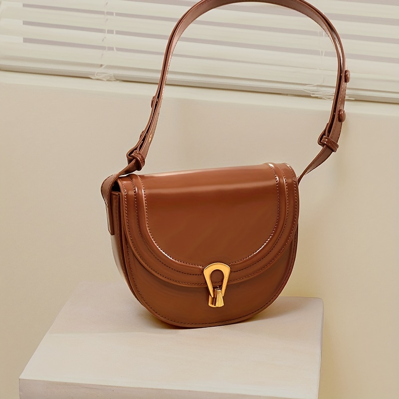 TOUTOU Vintage Style Saddle Bag, Solid Color Crossbody Bag, Buckle Decor Flap Purse For Women