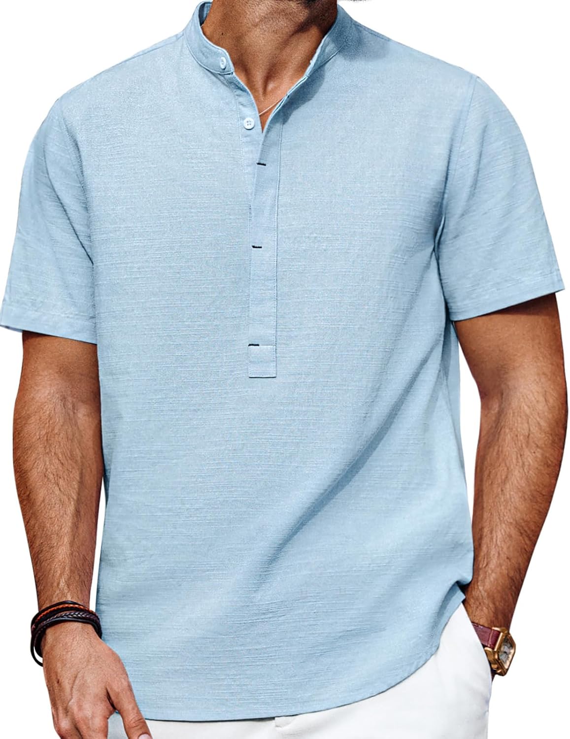 PJ PAUL JONES Men's Short Sleeve T-Shirt Henley Collar Tees Casual Cotton Shirts