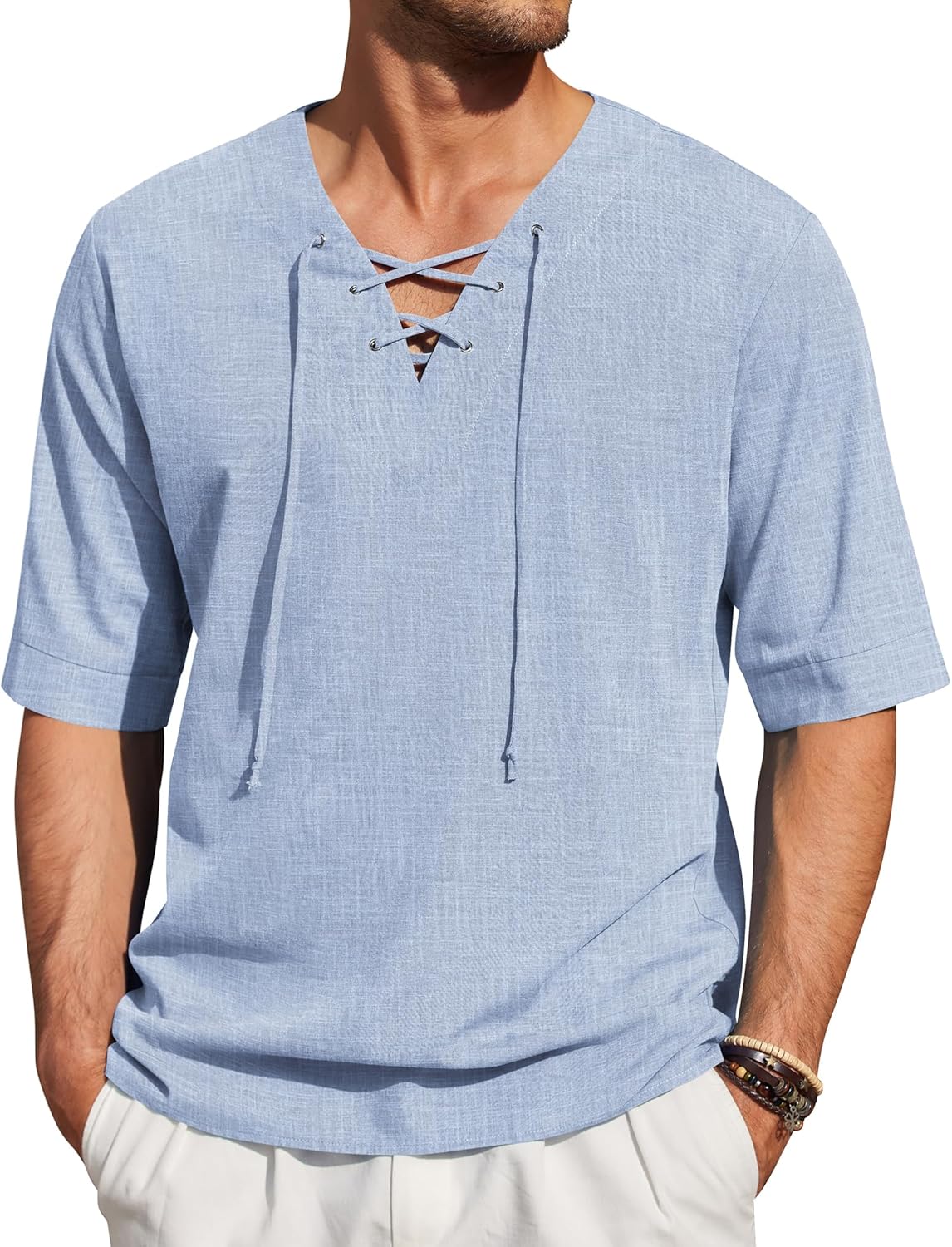 COOFANDY Men Linen Cotton Shirt Beach Lace Up V Neck Shirts Hippie Viking Meditation Tunic