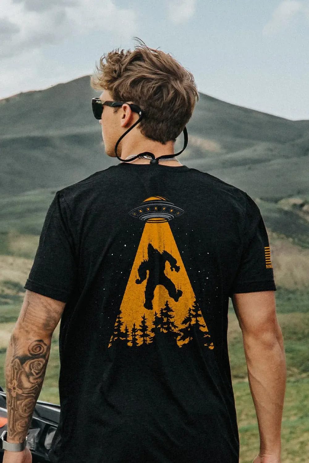 Nine Line UFO Squatch Triblend T-Shirt - Unisex Patriotic Shirt - Dropline Logo and American Flag on Sleeve