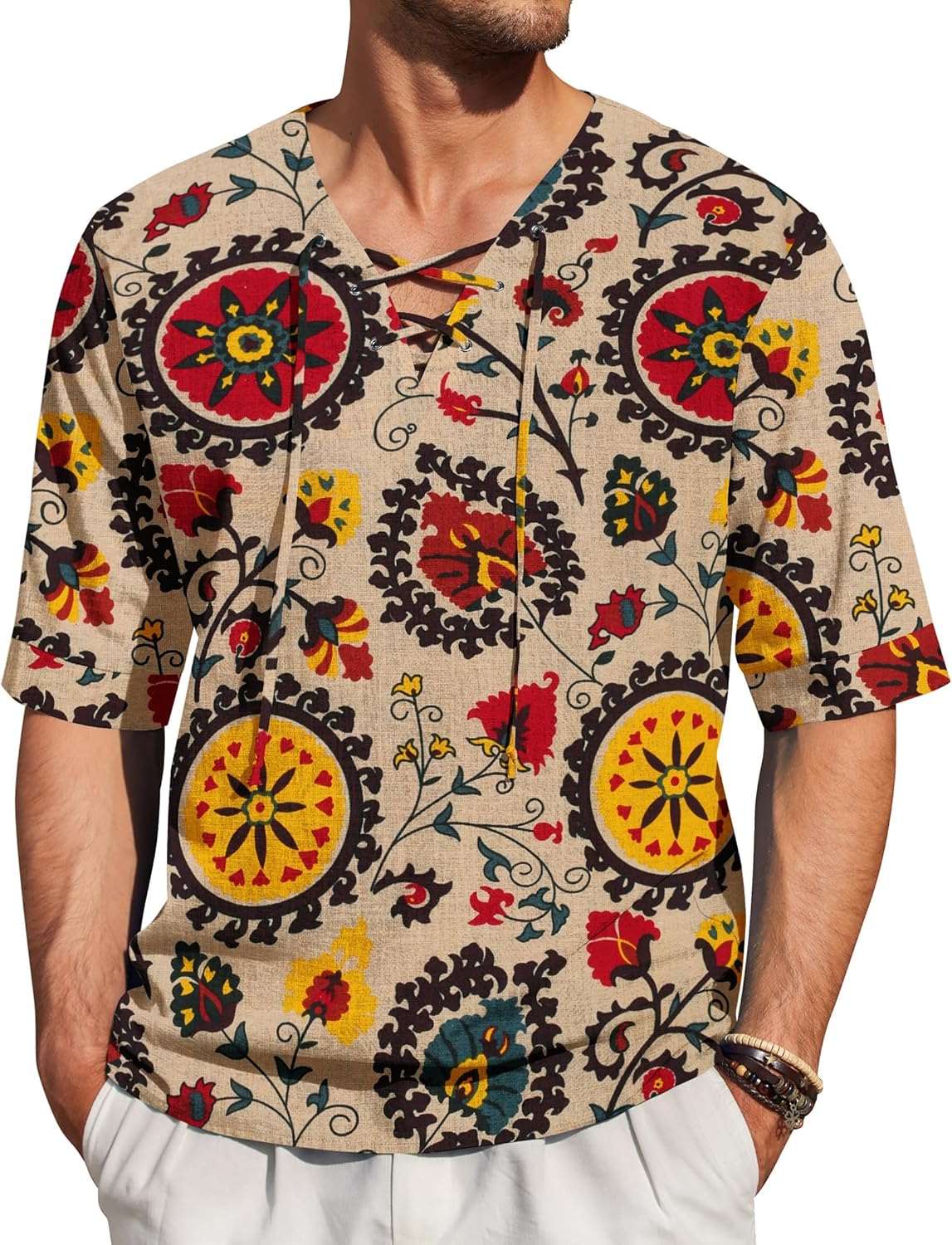 COOFANDY Men Linen Cotton Shirt Beach Lace Up V Neck Shirts Hippie Viking Meditation Tunic