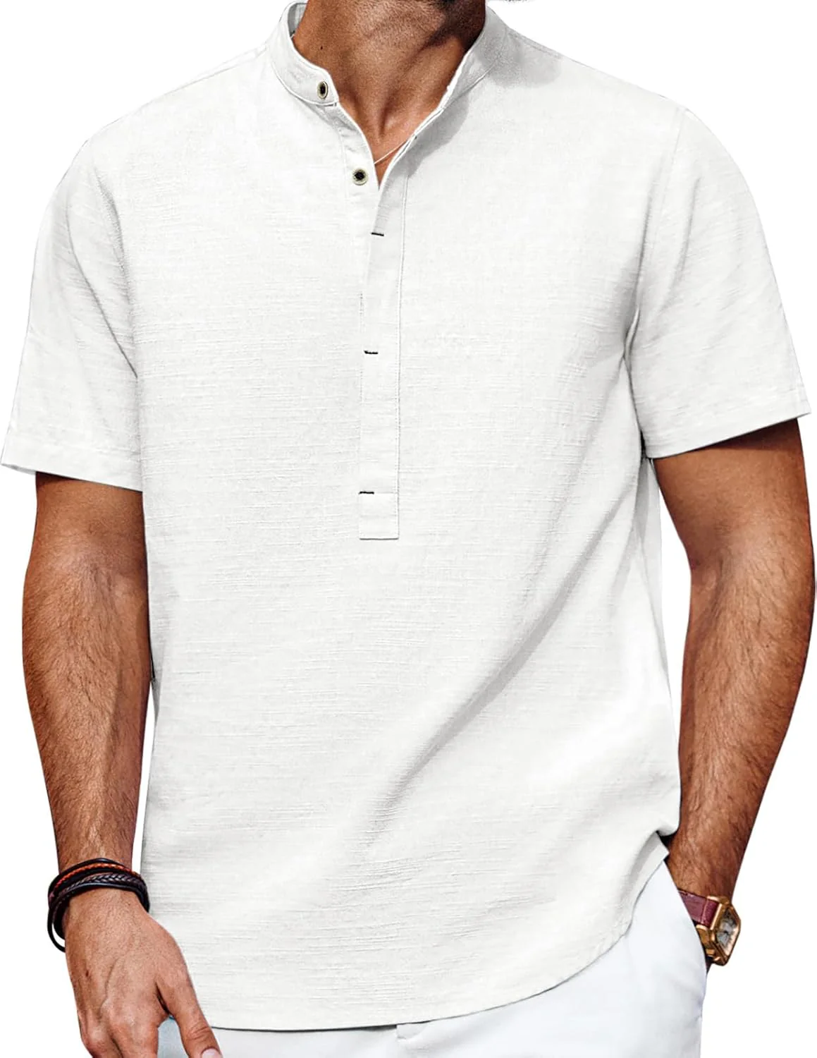 PJ PAUL JONES Men's Short Sleeve T-Shirt Henley Collar Tees Casual Cotton Shirts