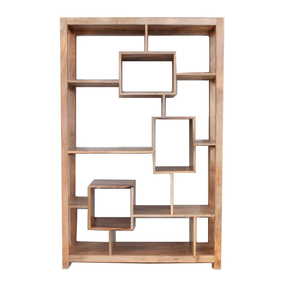 Novo Mango Wood Large Open Display Shelving Unit Geometric Bookcase