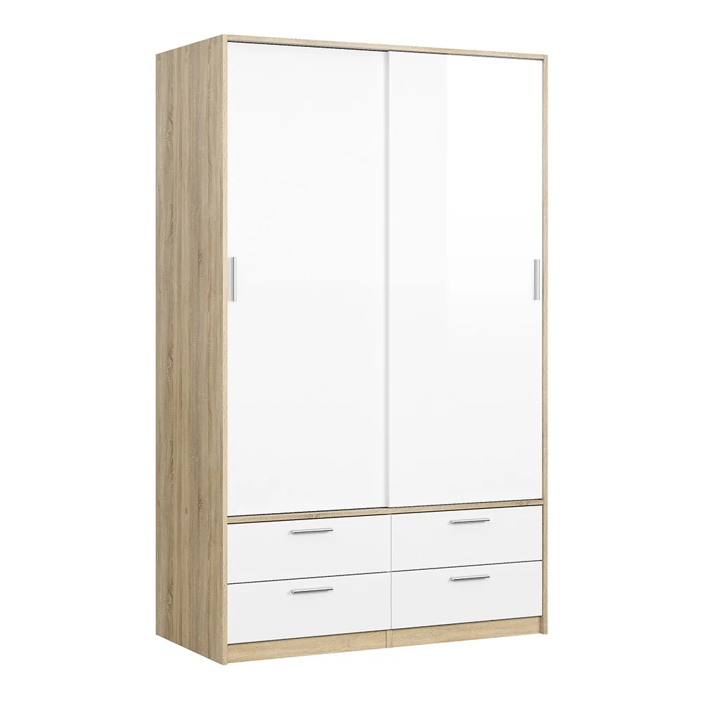 Line Wardrobe - 2 Doors 4 Drawers - Oak & White High Gloss