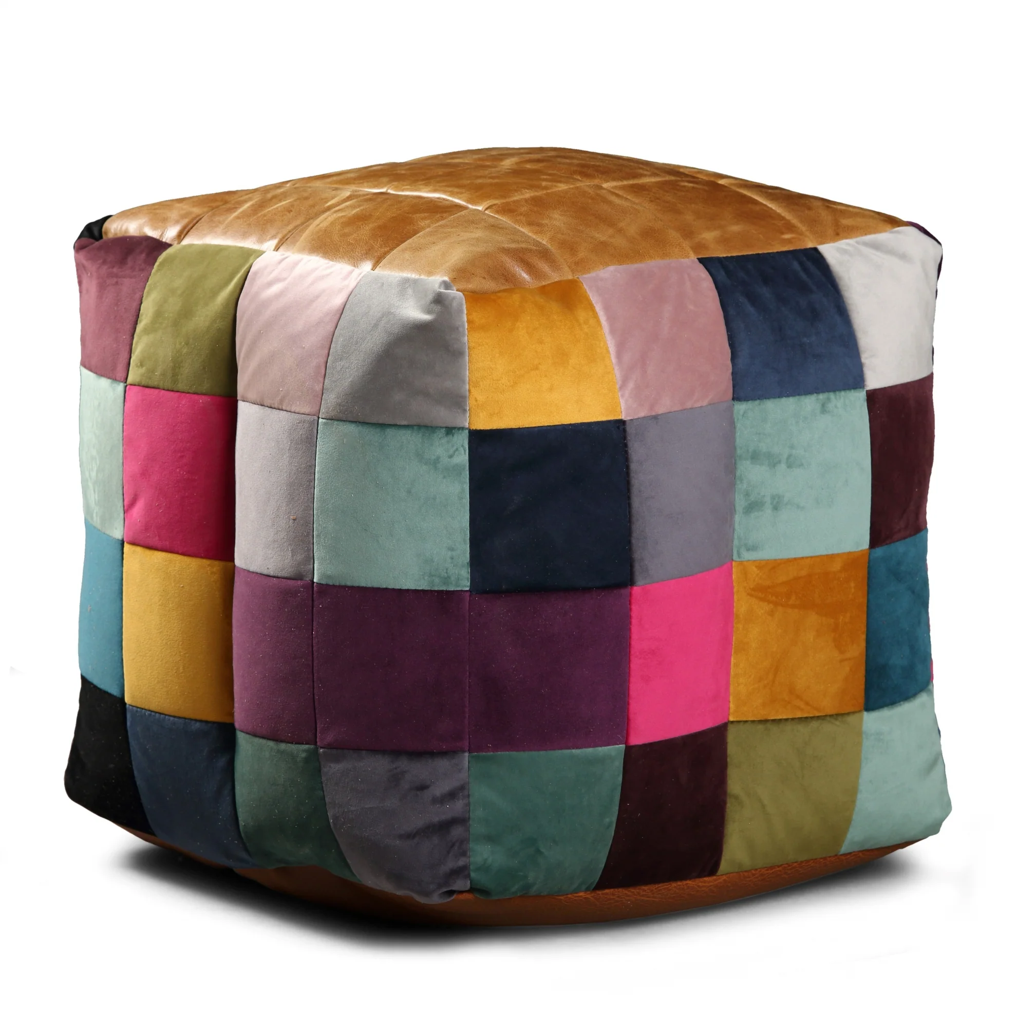 Leather Top, Mixed Wool & Tweed Bottom & Sides Bean Bag Cube