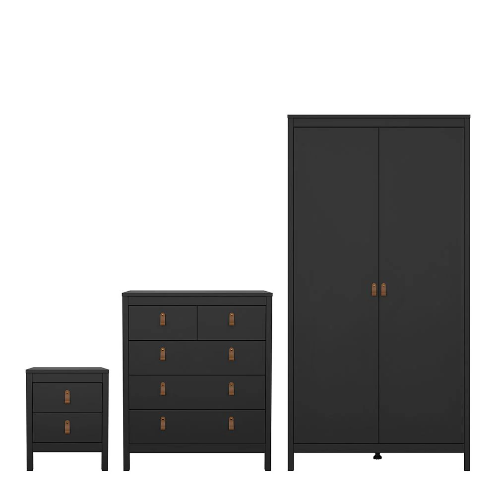 Barcelona - Bedside Table 2 drawers + 3+2 Drawer Chest + 2 Door Wardrobe - Matt Black