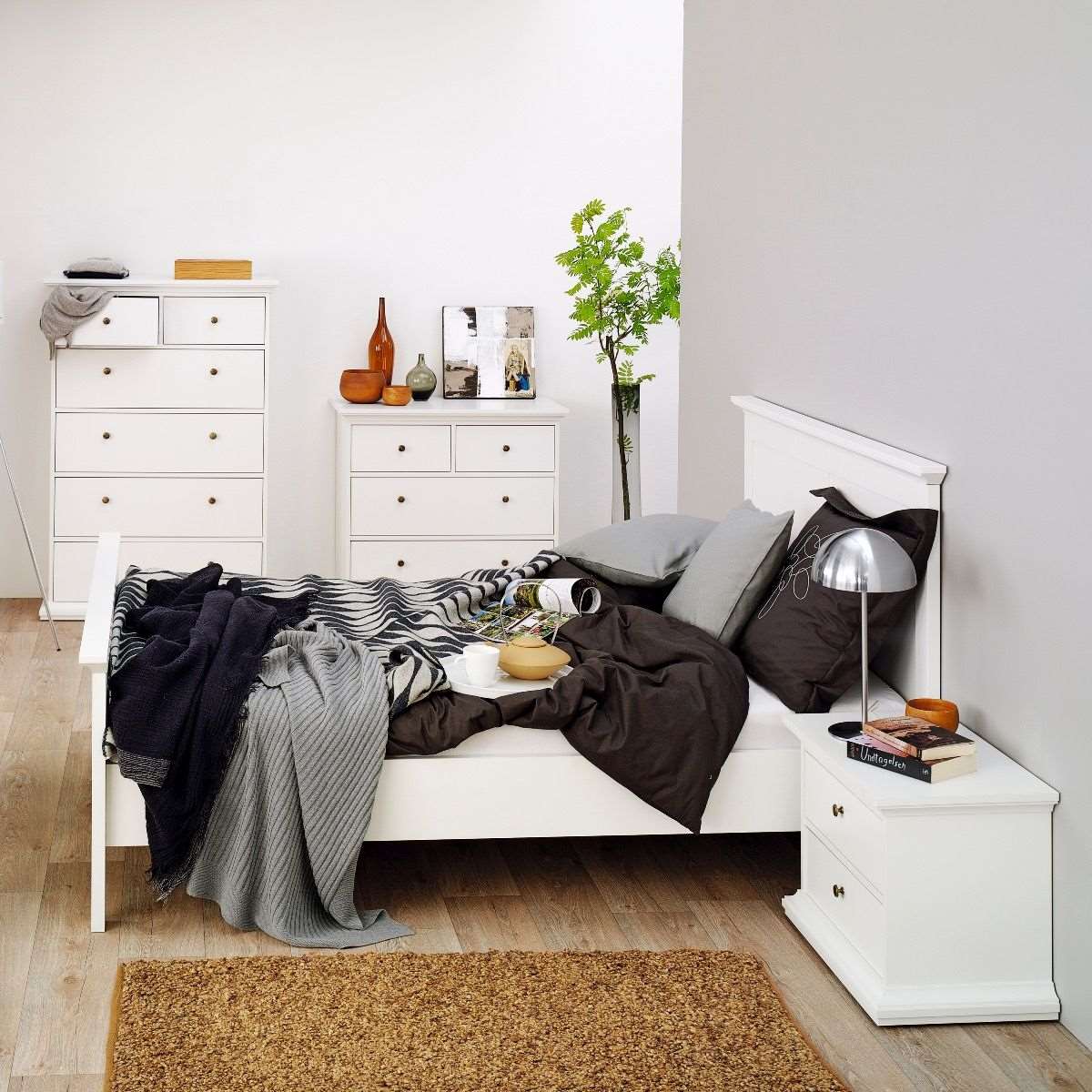 Parisian Package - Bedside 2 Drawers + Chest of 4 Drawers + 2 Door Wardrobe - White