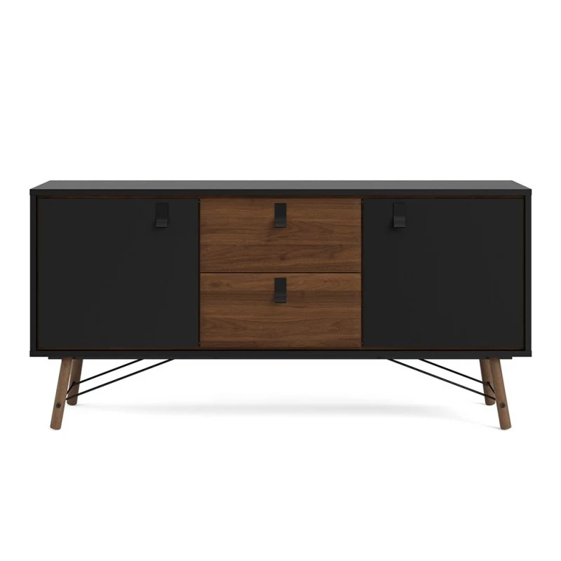 Rena 2 Door 2 Drawer Wide Sideboard - Matt Black & Walnut