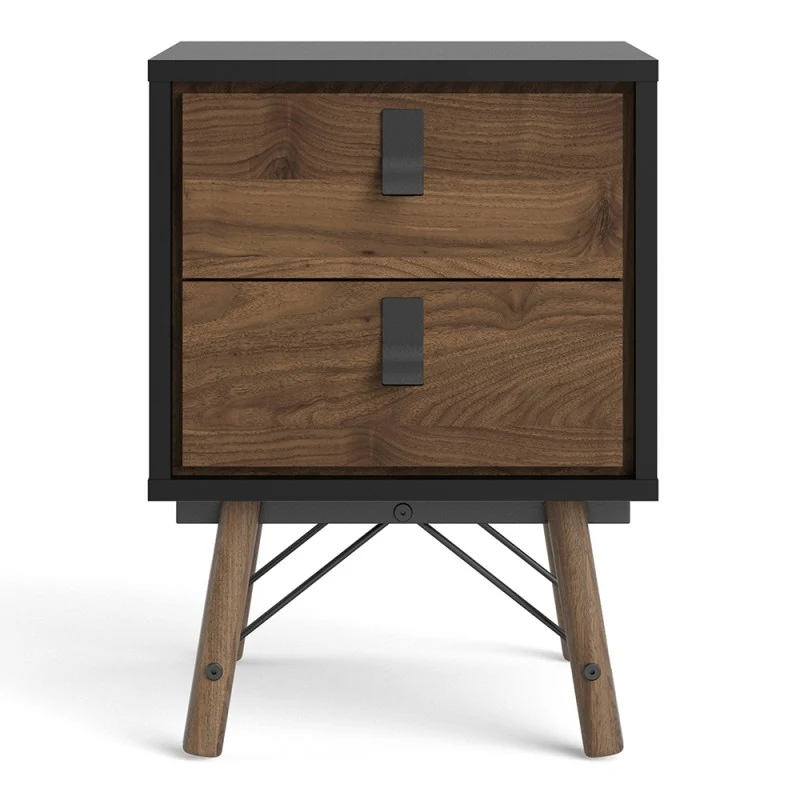 Rena 2 Drawer Bedside cabinet - Matt Black & Walnut