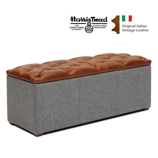 Vintage Leather & Harris Tweed Buttoned Top Storage Bench 120cm