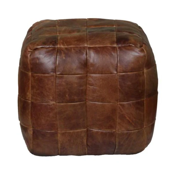 Vintage Brown Leather Patchwork Square Cube Bean Bag