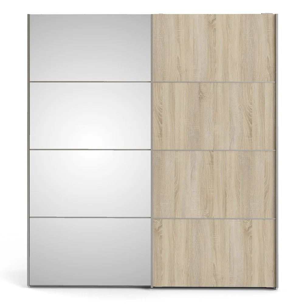 Verona Sliding Wardrobe 180cm in White with Oak and Mirror Doors & 2 Shelves
