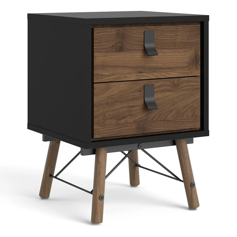 Rena 2 Drawer Bedside cabinet - Matt Black & Walnut